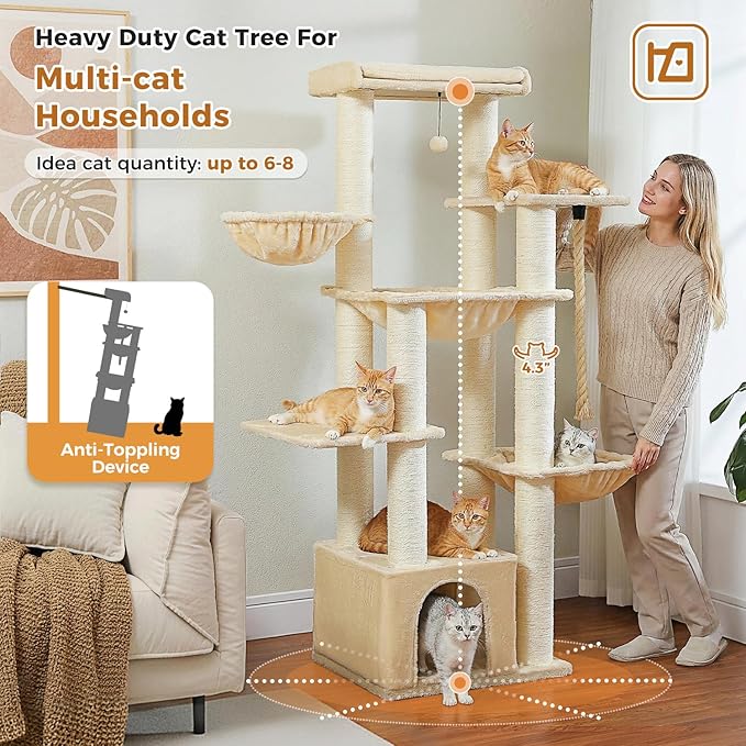 PETEPELA 67" XXL Cat Tree for Large Cats up to 25 lbs, Heavy Duty Cat Tower w/13 Extra-Thick Sisal Scratching Posts [φ4.3”], Cat Furniture with Metal Frame Hammock & XL Condo for Maine Coon, Beige