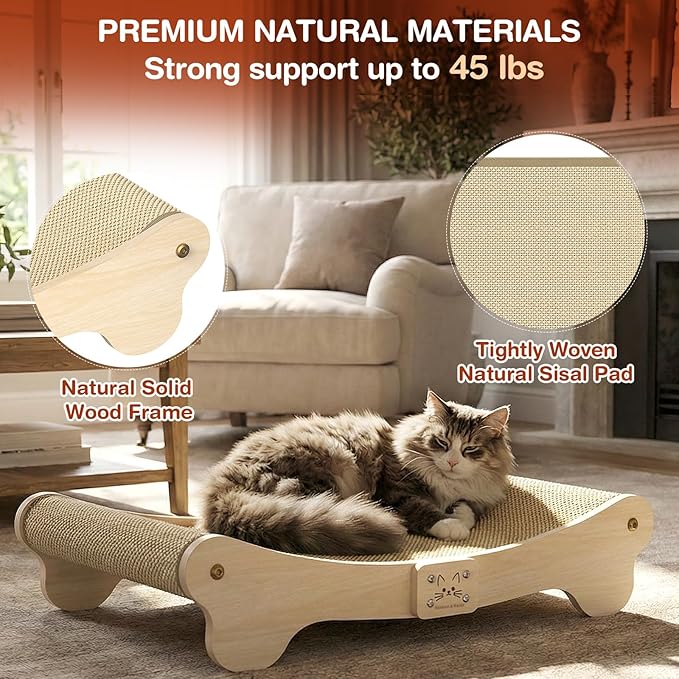 NOCOEX Sisal Cat Scratcher Bed: Cat Scratch Pad Hammock for Indoor Cats Lounger & Scratch & Sleep - Large Sturdy Natural Solid Wood Frame Cats Scratching Board Post for Modern Furniture Protector