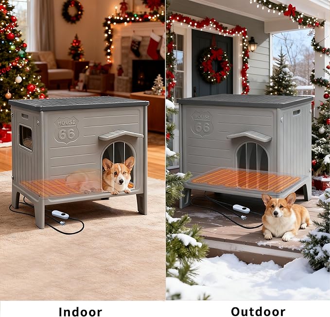 Heated Dog House for Outside Weatherpoof Plastic Dog Houses Outdoor Indoor Waterproof Feral/Pet Dog Shelter for Medium and Small Dogs (Grey)