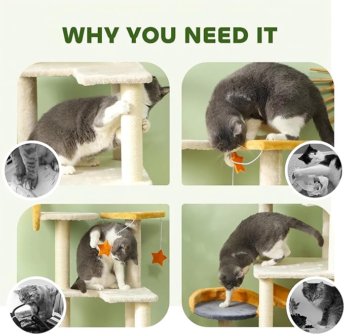63" Tall Cat Tree Multi-Level Cat Tower for Indoor Cats with Cat Condo, Hanging Basket, Sisal Scratching Posts, Plush Balls and Hammock for Small Large Cats (Beige)