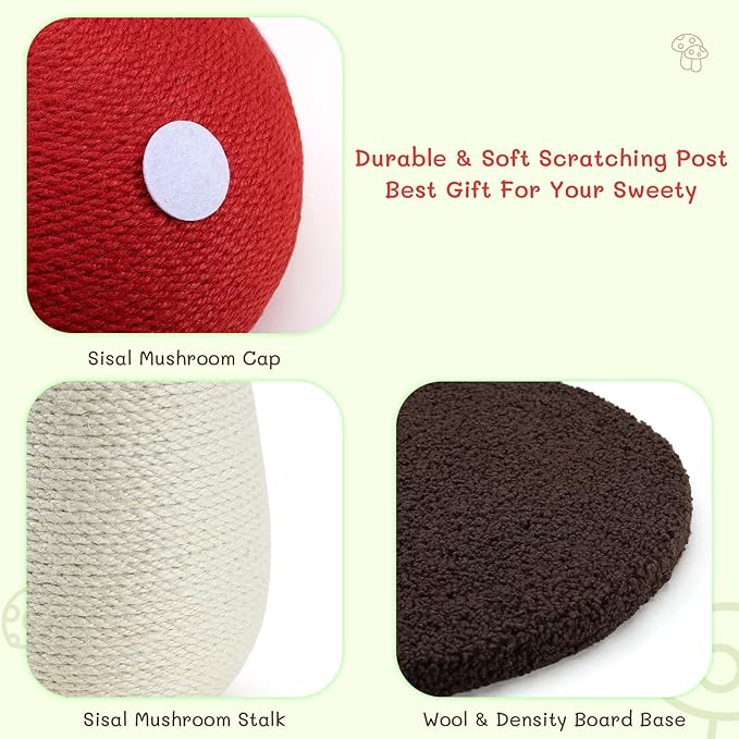 Cat Scratching Post Full Sisal Wrap Cat Tree Cute Mushroom Cat Tower Scratcher for Indoor Cats 19.7Inch