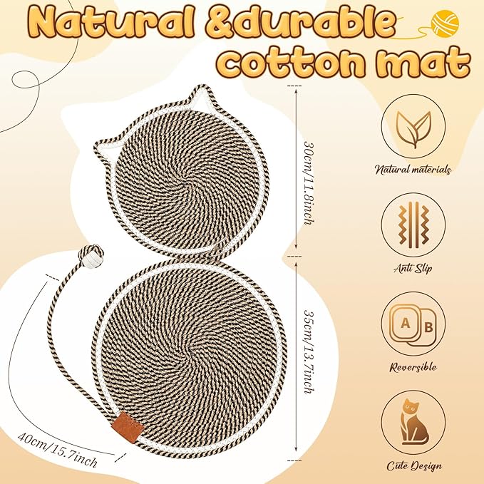 25.6 Inch Large Scratching Mat for Indoor Cats Natural Cotton Rope Flat Scratcher with Ear Hooks and Ball Toy Cat Scratch Rug Pad for Wall, Couch, Carpets, Sofas (Dark Brown)