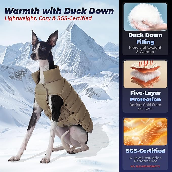 SPACE LION Dog Puffer Jacket, Down Winter Coat, Durable Outdoor Coat for Cold and Windy Conditions, Lightweight & Adjustable Fit Coats for Small & Medium Dogs, (Khaki, Size12/M)