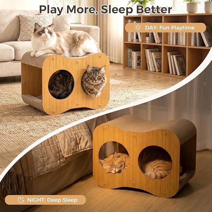 Avont Cat Scratcher House, 2-in-1 Scratch Cardboard & Scratching Pad for Indoor Cats, Double-Layer Scratch Box and Corrugated Board for Kitty -Curved