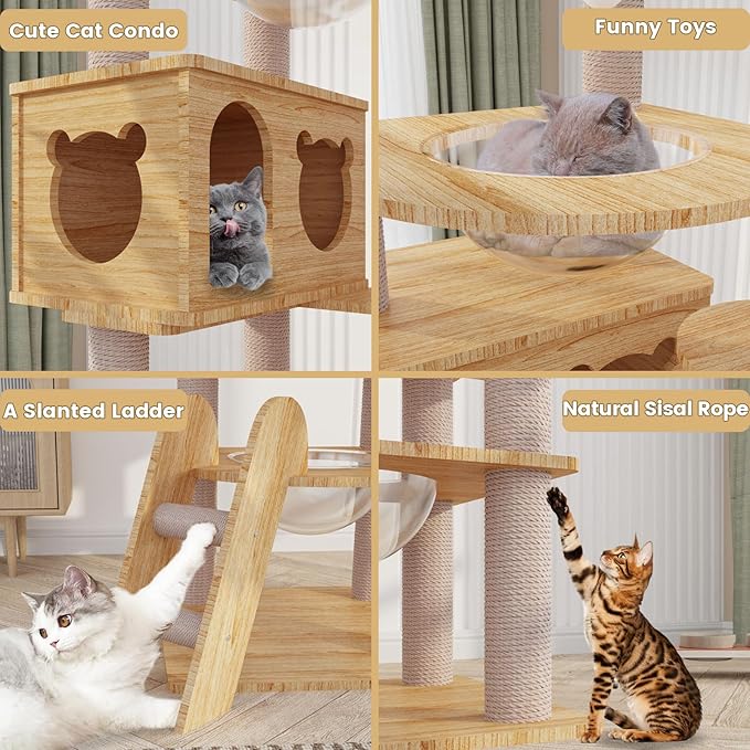 CCF 59in Wood Cat Tree for Indoor Cats,Multi-Level Modern Cat Tower with Large Cat Condo,Scratching Post,Acrylic Dome and Funny Toys for Small Large Cats,Natural Color