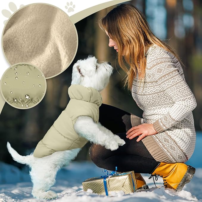 Winter Warm Dog Jacket for Small Medium Dogs Cat Cold Weather Coats with Harness Paded Dogs Fleece Vest Waterproof Windproof Dog Snow Jacket Pet Puppy Clothes (Khaki,XL)