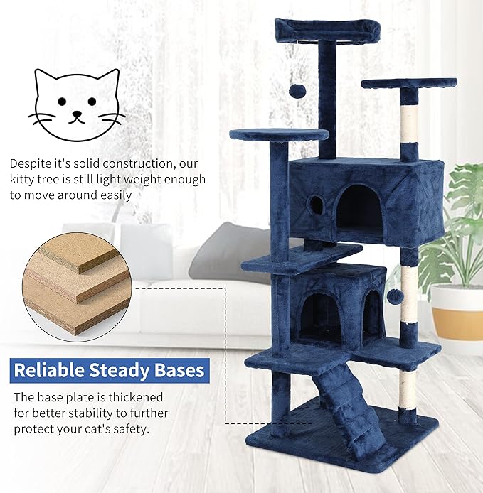 BLKMTY Cat Tree 54" Tall Cats Tower Large Cat Condo Climber Cats Climbing Stand with Top Perches Playhouse and Climbing Ladder Kitty Activity Tree w/Scratching Post Toys, Navy Blue