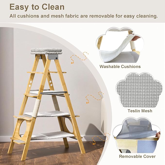 GDLF Modern Wood Cat Tree Foldable Ladder Design with Hammock & Sisal Scratch Post, Solid Wood Tall Tower for Large Cat Easy Clean 60" H