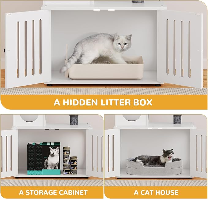 YITAHOME Cat Tree with Litter Box Enclosure, 2-in-1 Cat Furniture, Modern Cat Condo with Cat House, Perch, Food Station, Hammocks, Scratch Post, Hair Brush, 53.5 Inch, White