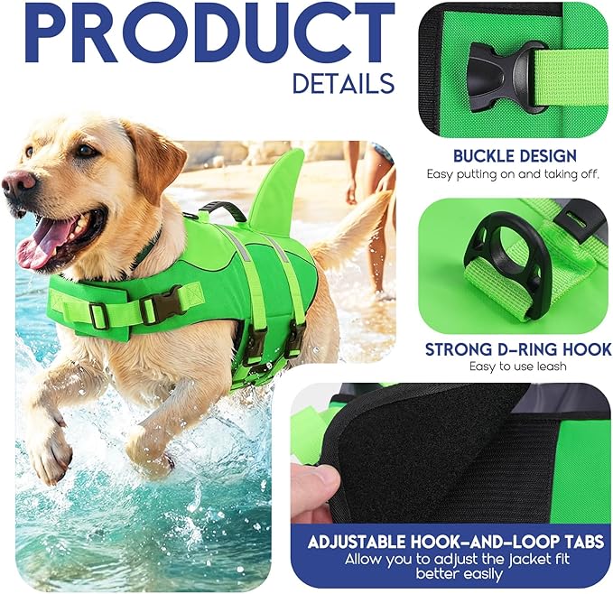 ASENKU Dog Life Jacket - Pet Safety Vest for Swimming & Boating, Shark Life Jacket with Floatation, Dog Lifesavers Swimsuits for Small Medium Large Dogs (Neongreen, XL)