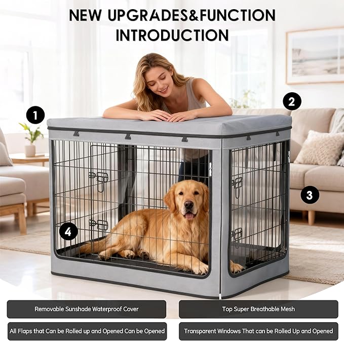 Dog Crate Cover, Heavy Duty Waterproof Abrasion-Resistant and Scratch-Resistant Knife-Scraped Fabric with Breathable Mesh & Detachable Sunshade, Dog Cage Cover Universal Fit for Wire Crates (42-Inch)