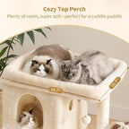 Heybly Cat Tree, 25.6-inch Cat Tower with Spacious Top Perch for Large Cats, Stair-Style Cat House Furniture with Dual-Layer Condos, Sisal Scratching Posts, Cozy Basket & Pompom, Beige HCT204SM