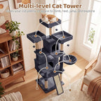 DORTALA Multi-Level Cat Tree, 65" Tall Cat Tower with 3 Plush Perch, 2 Condos, Basket Bed, Sisal Scratching Posts & Board, Hanging Pompoms, Indoor Pet Climbing Furniture (Dark Grey)
