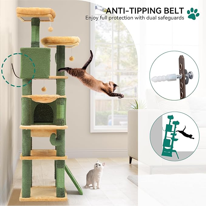 YITAHOME 76in Tall Cactus Cat Tree Tower with Self-Grooming Brush, Cute Cat Climbing Tower for Indoor Cats with Cat Condo, Plush Platform, Hammock, Sisal Scratching Posts, Dangling Ball