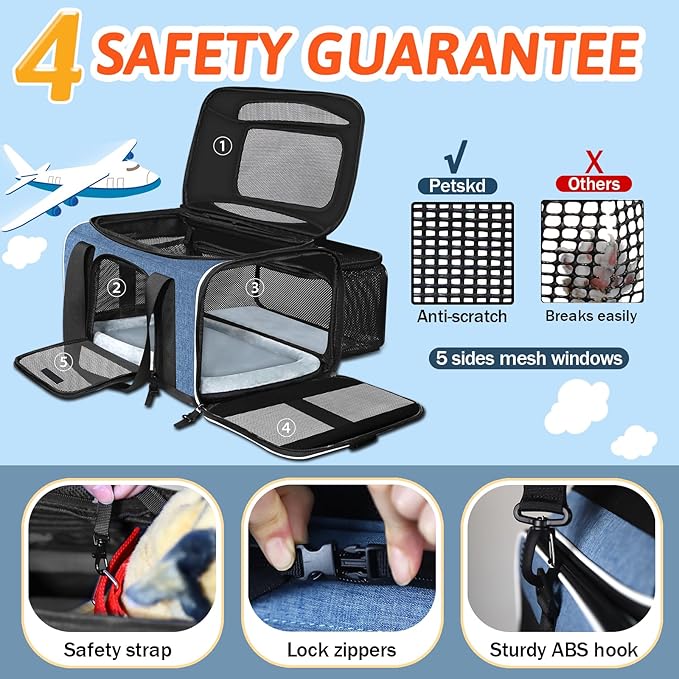 Petskd Top and Side Expandable Pet Carrier with Wheels 18x11x11 Inches Delta United Airline Approved, Soft-Sided Carrier for Small Cats and Dogs with Locking Safety Zippers and Anti-Scratch Mesh(Blue)