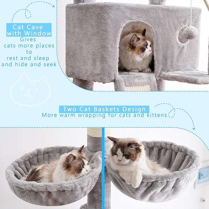 Hey-brother Cat Tree, 98.4-110.2 Inches Floor to Ceiling Cat Tree-Adjustable Height, Tall Cat Climbing Tower for Cats Large Adult with Scratching Post, Cat cando, Light Gray 0MPJ091W