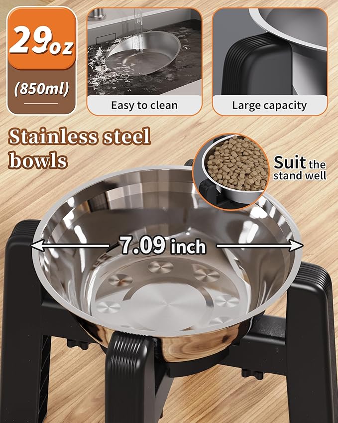 CZPET Elevated Dog Bowl, Raised Dog Bowl Stand with 51oz Stainless Steel Bowl Large Capacity, Size Adjustable & Anti-Slip Stand for Medium Dogs