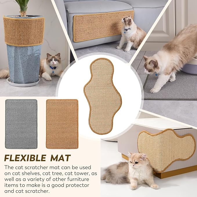 2PCS 23.6" x 15.7" Cat Scratcher Mat with Sticky Tapes, 2 Packs Sisal Cat Scratching Carpet for Indoor Cats, Horizontal Cat Scratcher for Scratching Posts, and Couch Protection(Gray, 2 Pack)