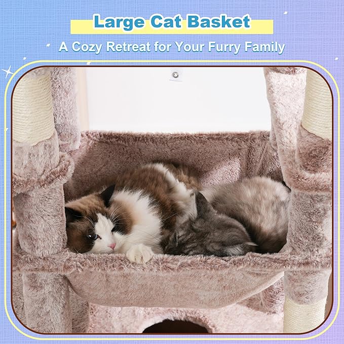 Hey-brother Cat Tree Tower, Scratching Posts with Extra Large Platform and Basket, Specious Condo, 2 Cozy Hammocks, Scratch Board for Indoor Adult Cats, Maine Coon 71.7 inches, Muchroom MPJ080MU