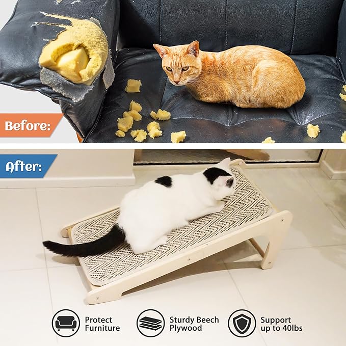 PETKARAY L Shape Cat Scratcher, Sisal Scratching Ramp, Chevron Scratching Pad for Indoor Cats, 27" Wall Furniture Protector with Mouse Toy