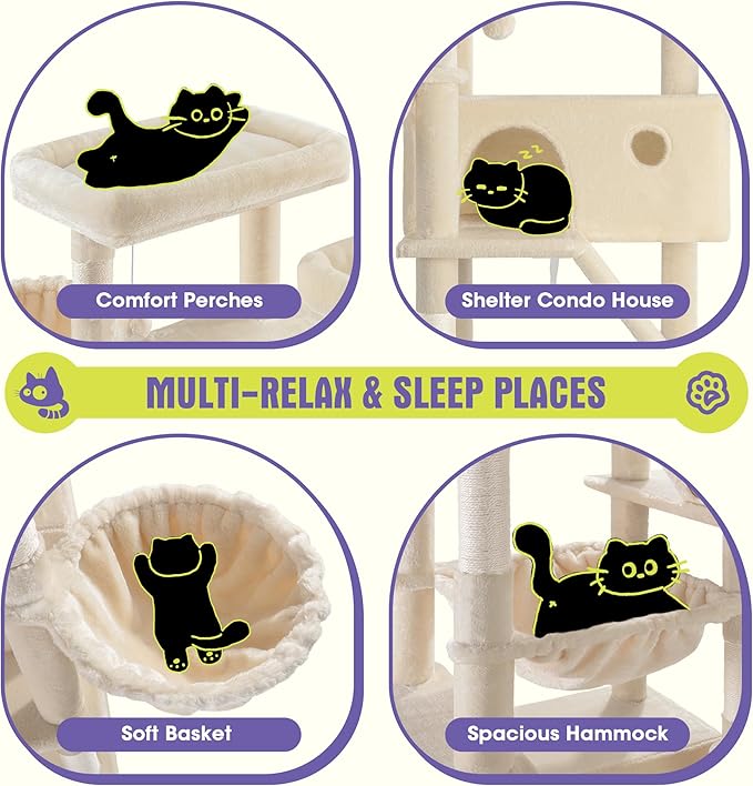 WEEWAY Cat Tree Tower for Indoor Cats,81'' Multi-Level Cat Furniture Activity Center,Stand House Condo Cave,Sisal Scratching Posts Ramps,Plush Perches Platforms Basket Hammock,Beige