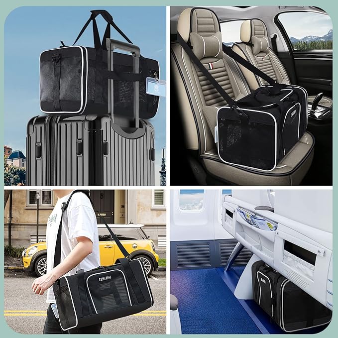 Petskd Pet Carrier 18x11x11 Delta American United Airline Approved, Pet Travel Carrier Bag for Small Cats and Dogs, Cat Soft Sided Carrier with Safety Lock Zippers, 5-Sided Breathable Mesh(Black)