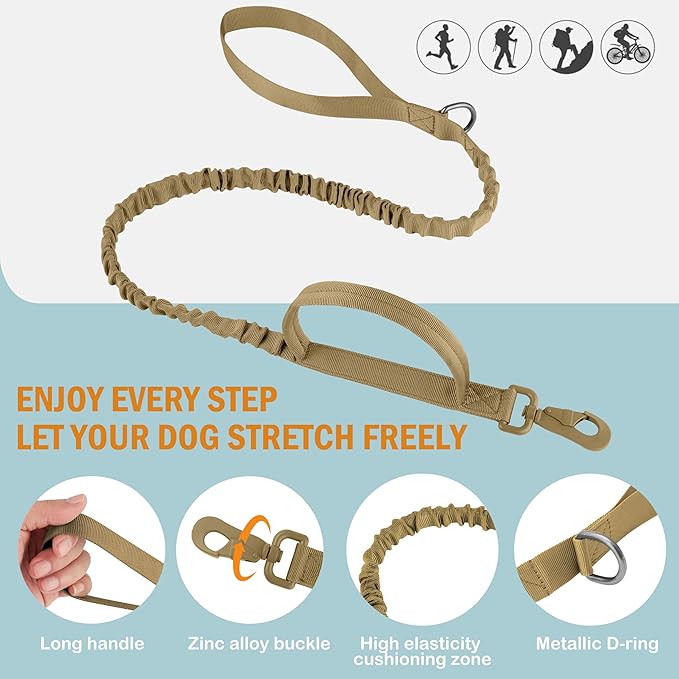 HYDEME Tactical Dog Collar and Leash Set, Alpine Loop Adjustable Reflective Military Training Nylon Dog Collars with Handle Shock Retractable Dog Leash for Small Medium Large Dogs.(L,Brown-Set)