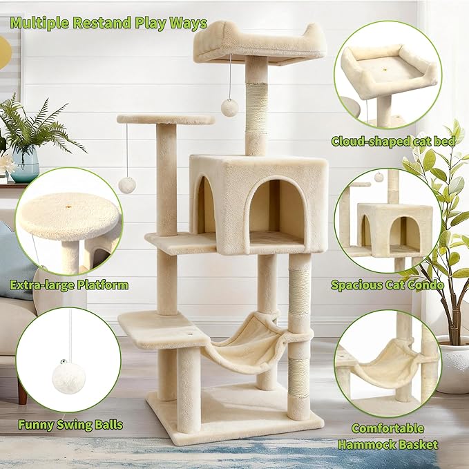 Pawly 46.5" Compact Space Saving Cat Tree for Small Apartment, Premium CARB P2-Compliant Particle Board, 350G Plush Sisal Cat Tower with Condo & Hammock for Indoor Kittens & 1-2 Cats, Beige