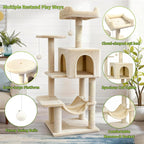 Pawly 46.5" Compact Space Saving Cat Tree for Small Apartment, Premium CARB P2-Compliant Particle Board, 350G Plush Sisal Cat Tower with Condo & Hammock for Indoor Kittens & 1-2 Cats, Beige