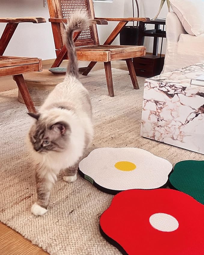 Wall Mount Cat Scratching Pads 3-Pack - Flower Design in Sunny Egg, Red & Green, Easter Gift for Cat Lovers, Space-Saving Home Decor that Saves Furniture