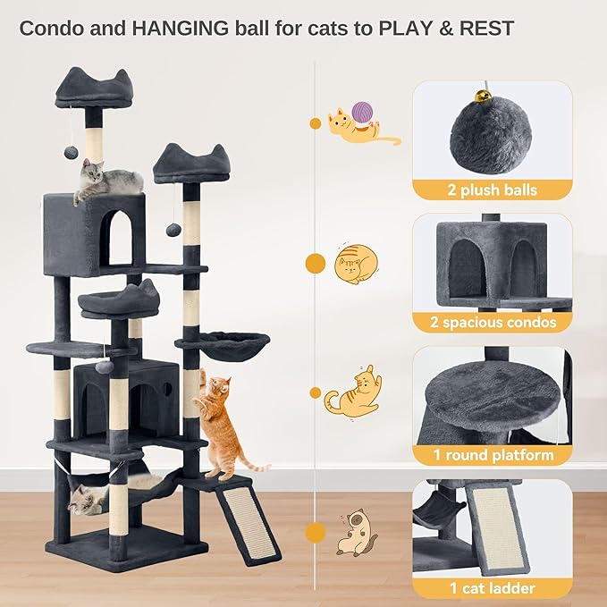 DWVO 75 in Multi-Level Cat Tower: Tall Cats Tree for Indoor Kittens, Pet Furniture with Kitty Condos, Top Perches, Sisal Ramp Scratching Posts, Cozy Basket, Hammocks, Dark Gray