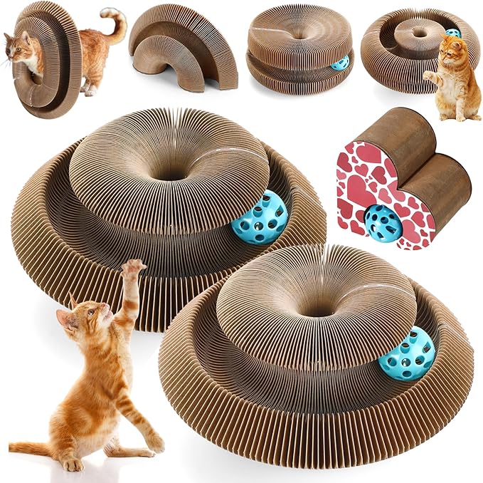 Soulchen 2 Pcs Magic Organ Cat Scratching Board, Combinable Cats Toy for Adult Pets, Interactive Cardboard Kitten Scratcher with Bell Ball, Durable Foldable Accordion Scratch Pad(Heart)