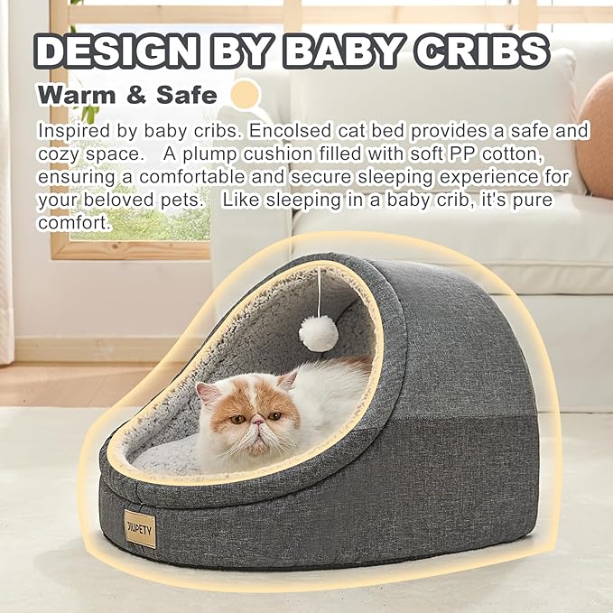 Jiupety Cute Cat Beds for Indoor Cats, Cat Cave Bed for Kittens, Large Cat Cave and Covered Cat Bed with Anti-Slip Bottom, Washable Removable Cushion, M(16"x16"x13"), Dark Gray