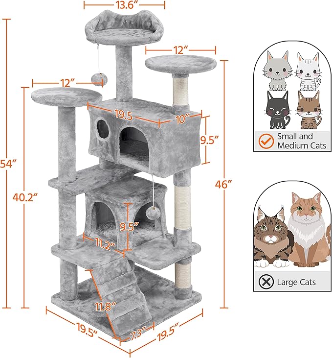 Topeakmart 54in Cat Tree, Cat Tower w/Large Cat Condo Scratching Posts and Perch, Cat Stand House Furniture, Light Gray