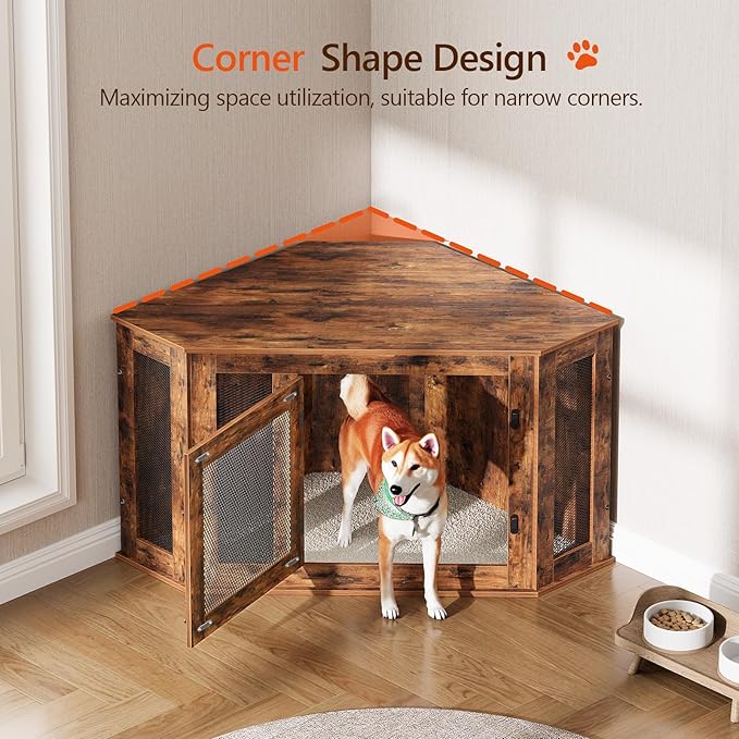 Corner Dog Crate Furniture, Wooden Dog Kennel End Table, Decorative Pet Crate Indoor Use, Furniture Style Dog House for Small Medium Dog, Dog Cage TV Stand, Rustic Brown DCRB0801