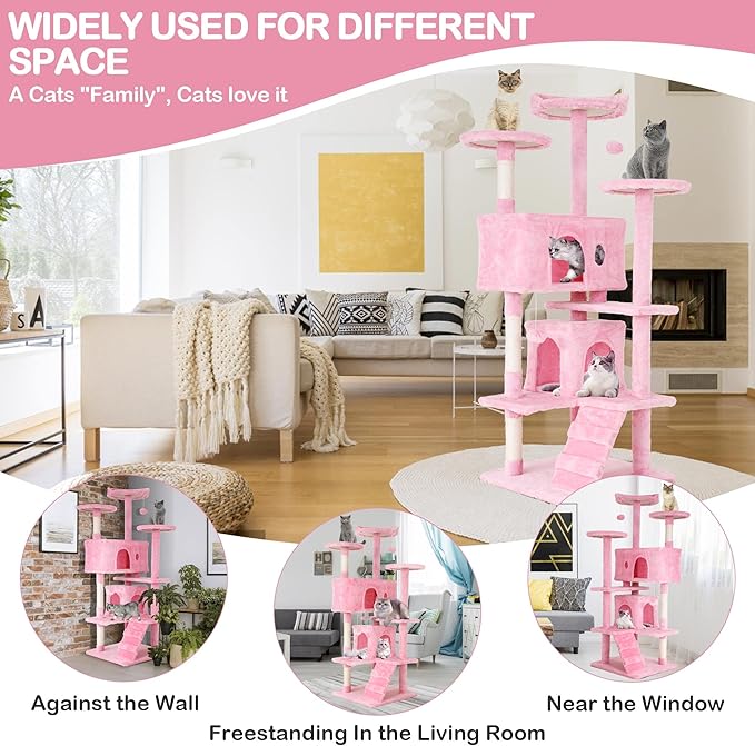 54" Multi-Level Cat Tree Tower with Scratching Posts, Toys & Condo - Space-Saving Design for Indoor Kittens, Compact Floor Footprint & Vertical Space for Multi-Cat Homes-Pink