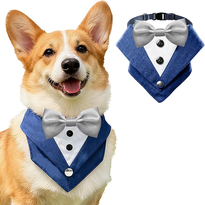 AVERYDAY Dog Tuxedo Bandana Collar for Wedding Outfit, Dog Tux Costume with Bowtie, Pet Harness with Leash Ring for Birthday Party Christmas, Formal Wear Suit and Tie for Small Medium Large Breeds