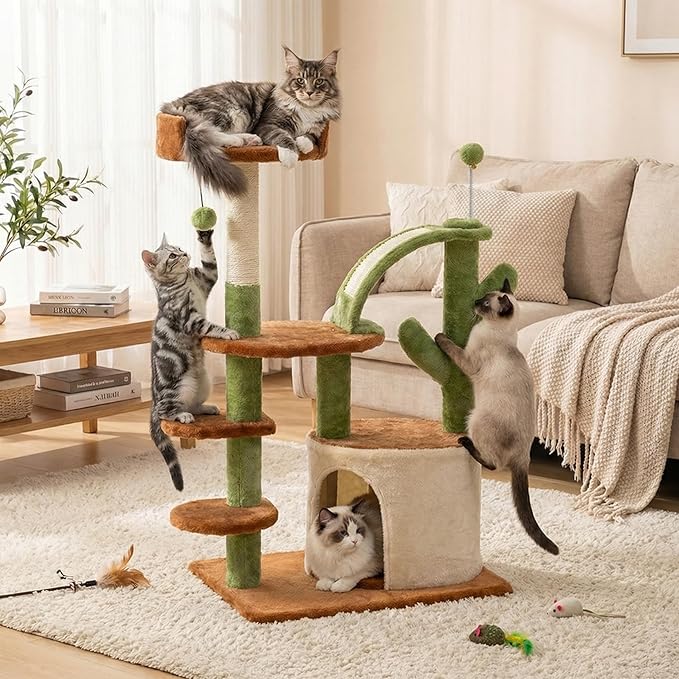 Cactus Cat Tree for Indoor Cats, 36.6" Small Cat Tower with Sisal Scratching Posts, Stable Cat Condo with Perches and Climbing Steps, Brown