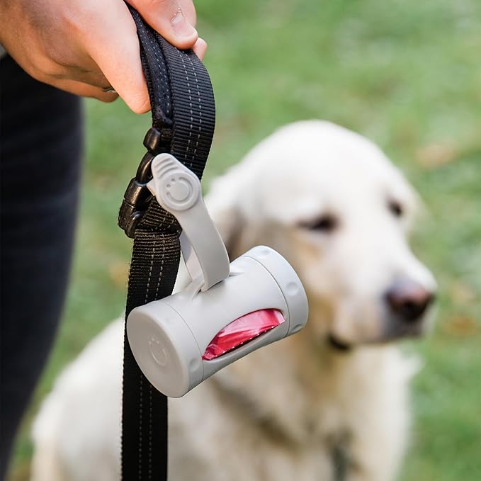 Ubbi Retractable Dog Poop Bag Holder and Dispenser with Silicone Strap Leash Attachment, Includes 2 Rolls of Lavender Scented Leakproof Waste Bags, Gray