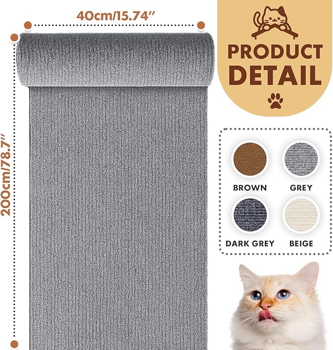 PowerKing Cat Scratch Furniture Protector, 78.7"x15.8" Self-Adhesive Cat Scratch Mat for Couch & Sofa, Trimmable DIY Cat Scratcher Pads for Indoor Cats (Grey)