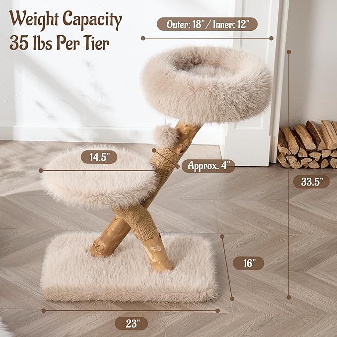 33" Modern Cat Tree for Indoor Cats, Aesthetic Natural Wood Cat Tower with Branch-Style Scratching Posts, Luxury Plush Faux Fur Cat Bed with Natural Loft, Perch & Hanging Ball, Almond Khaki