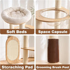 Modern Cat Tree Tower with Scratching Post for Indoor, Solid Wood Multifunctional Cat Tree Tower with Soft Bed, Space Capsule, Sisal Scratching Board, Grooming Post, Dangling Ball