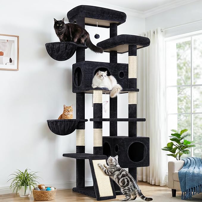 Globlazer 77" Cat Tree for Large Cats, Tall Cat Tower with Scratching Board & Thickened Stable Base, Skin-Friendly Multi-Level Activity Center for Multi-Cat Household, Maine Coon, S77C,Dark Grey