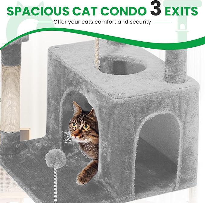 54 Inches Large Cat Tree Tower for Indoor Cat, Tall Cat Tower with Scratching Posts, Cat Condos, Cat Hammock, Pompoms, Top Perches, Sisal Rope, for Bed Room, Living Room (Light Grey)