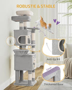 62.6" Cat Tree for Indoor Cats, Cat Tower, Multi-Level Cats Condo with 8 Scratching Posts, 3 Platforms, 2 Caves, Basket, Plush Balls, Sisal Rope, Anti-Tip Kit, Light Grey MS15918LG