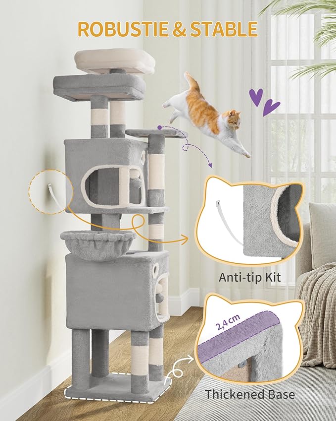 62.6" Cat Tree for Indoor Cats, Cat Tower, Multi-Level Cats Condo with 8 Scratching Posts, 3 Platforms, 2 Caves, Basket, Plush Balls, Sisal Rope, Anti-Tip Kit, Light Grey MS15918LG