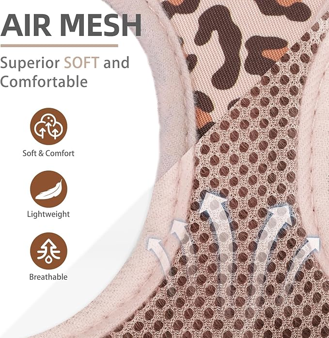 PUPTECK Dog Harness and Leash Set for Small Medium Dogs No Pull Step-in Soft Mesh Puppy Cat Vest Harnesses Reflective at Night, Brown Leopard Print, L