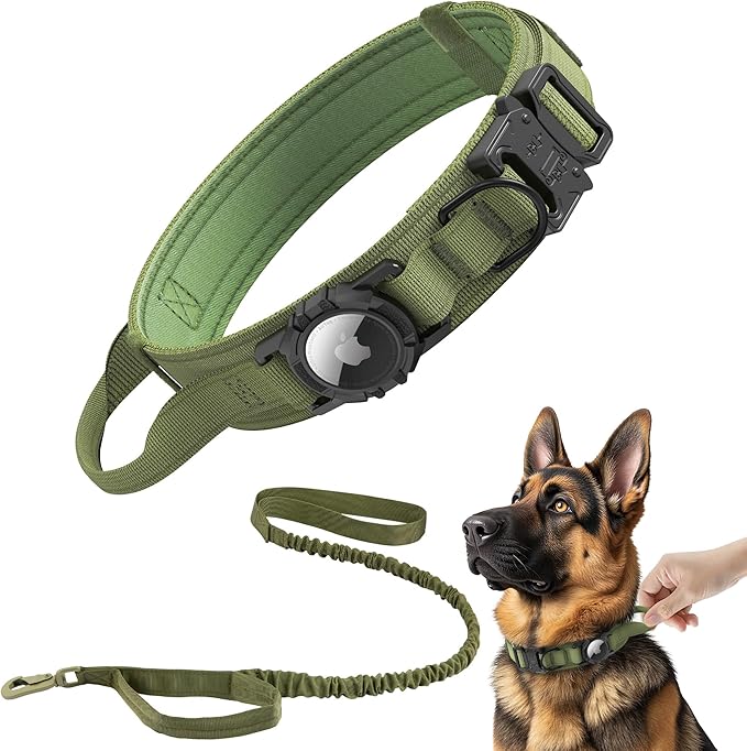 Tactical AirTag Dog Collar Leash Set - Heavy Duty, Adjustable GPS Collar Compatible with Apple AirTag, with Holder & Control Handle for Medium/Large Dogs [ Green, M ]