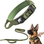 Tactical AirTag Dog Collar Leash Set - Heavy Duty, Adjustable GPS Collar Compatible with Apple AirTag, with Holder & Control Handle for Medium/Large Dogs [ Green, M ]