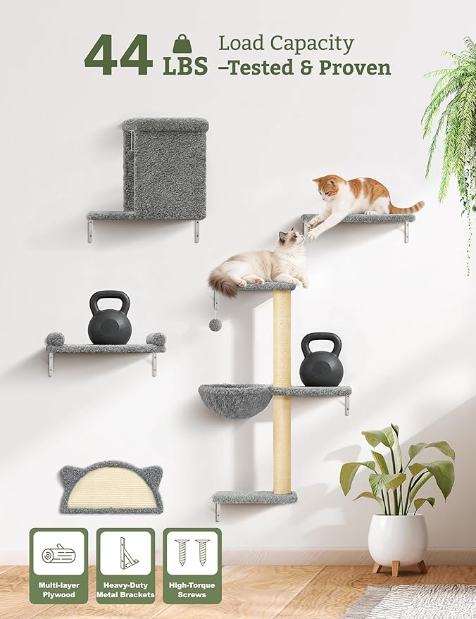 5-in-1 Cat Wall Shelves, Solid Wood & Velvet & Sisal Scratcher, 44lbs Max Load, Wall Mounted Cat Furniture for Climbers, Cat Climbing Wall System, Fits Drywall & Solid Walls - Light Gray